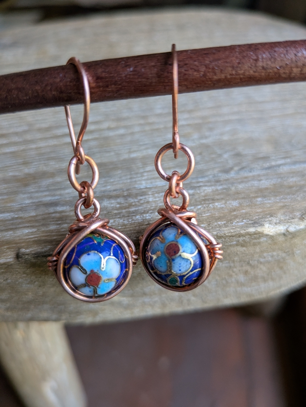 Copper Wrapped Cloisonne Earrings- Colorful Flower Blossom Details - Picture 12 of 12